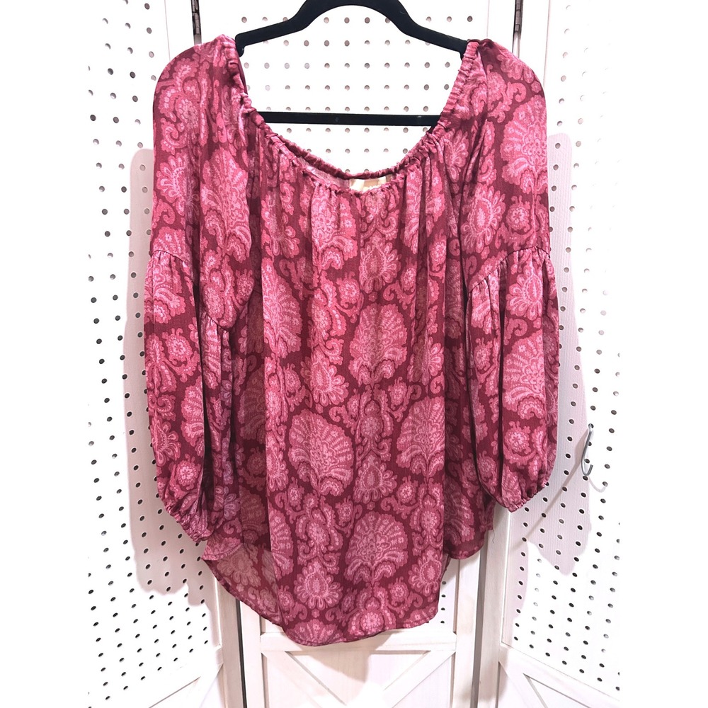 Michael Kors Paisley‎ Print Off Shoulder Long Sleeve Blouse Top Burgundy Pink L